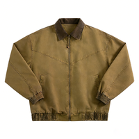 Blouson Bomber en Toile Lavée Style Vintage Personnalisé, Col en Velours Côtelé, Vert Olive, Fermeture Éclair, Décontracté, Résistant à l'Eau et au Vent