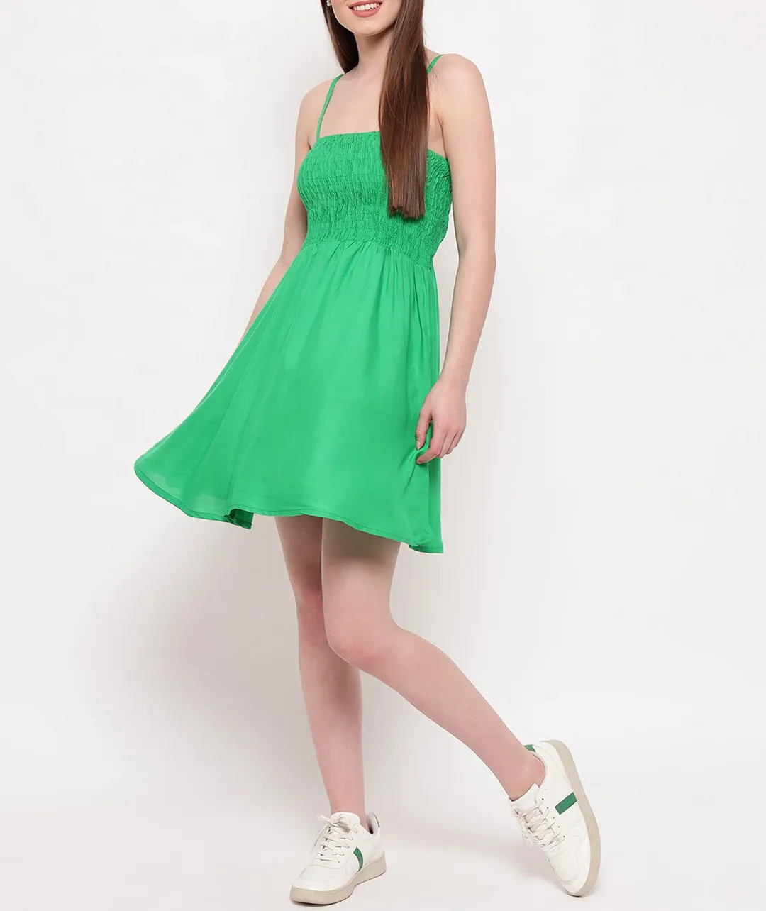 Wholesale Custom Green Leisure Tight Suspender Sleeveless Off Shoulder Flared Hem Women's Dress