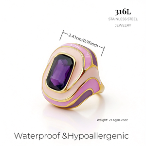 Anillos de Acero Inoxidable 316L al por Mayor, Chapados en <span class=keywords><strong>Oro</strong></span> PVD de 18K, con Banda de Esmalte Colorido y Gran Gema, Joyería de Moda para Mujer - Product Image 5