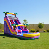 Château gonflable pour extérieur, cour arrière, avec toboggan aquatique en PVC marbré violet et palmiers tropicaux, toboggans gonflables pour adultes