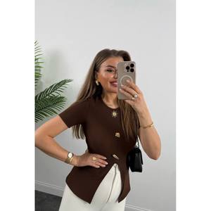 Blusa de mezclilla drapeada con accesorio solar, blusa de punto de manga corta asimétrica para mujer, ajuste elástico informal para el día a día - Product Image 2