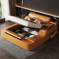 Lit Moderne Multifonctionnel en Cuir Microfibre avec Cadre en Bois, Design Minimaliste de Luxe Léger, Fonctionnalités Audio, Massage et Sécurité