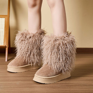 حذاء نسائي غير رسمي لمنتصف الساق حذاء ثلج جديد للخريف/الشتاء طويل الشعر للمنزل من القطن بنعل سميك دافئ من النوع الصلب - Product Image 5