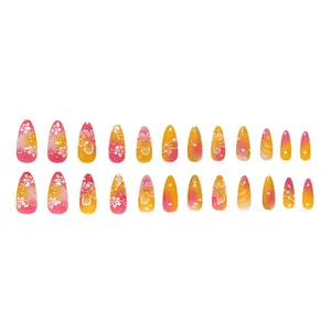 24 <span class=keywords><strong>faux</strong></span> ongles tendance Y2K pour femmes, en amande, <span class=keywords><strong>dégradé</strong></span> or/rose, à presser, imprimé fleur blanche, charme printemps-été - Product Image 6
