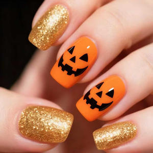 Uñas Postizas de Halloween Estilo Europeo y Americano, Diseño de Calabaza Dorada con Armadura, Brillantes, Hechas a Mano, con Diseño de Dibujos Animados - Product Image 6