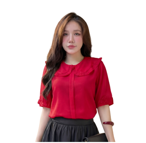 En gros Blouse en mousseline de soie à col Claudine, manches courtes, bordure à volants, coupe ample, en organza brillant, pour femme, tenue décontractée et de bureau - Product Image 1