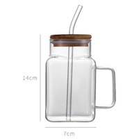 Gobelet à café en verre borosilicate de haute qualité, carré, 620 ml, avec paille en verre et couvercle en bambou, vente en gros