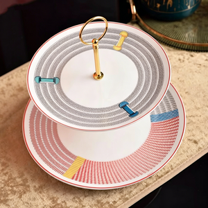 2 Tier Ceramic <b>Cake</b> <b>Stand</b> Colorful Geometric Print Porcelain Dessert Tray With Gold Handle for Afternoon Tea Wedding - Product Image 2