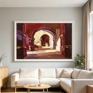 <span class=keywords><strong>Peinture</strong></span> architecturale Art Déco impasto peinte à la main sur toile, arches superposées, dorure délicate, prune bordeaux riche, à suspendre - Product Image 4