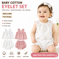 Conjunto de Algodón para Bebé de Marca Privada, Top con Ojales y Braguita, 100% Bordado, Elegante, Ropa Infantil de Verano, Personalizado