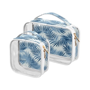 2PCS Blue Leaves Design Portable PVC Clear See Through Custom Small Beauty Cosmetic Pouch Organizer <b>Makeup</b> <b>Case</b> with Logo - Product Image 1