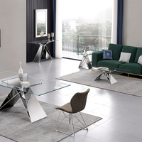 Table console en verre trempé, meuble de style moderne avec cadre en acier inoxydable, couleur argent,