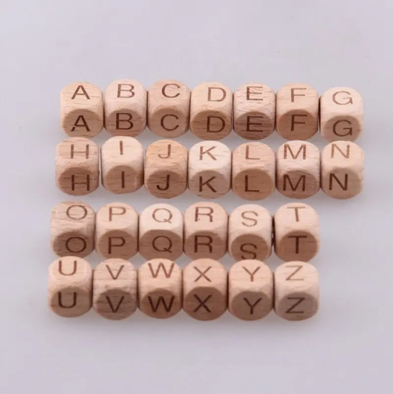 Custom DIY 12mm Dice Wood Color Laser Engraved English Alphabet Letter Beech Square Cube Wooden Beads with Hole