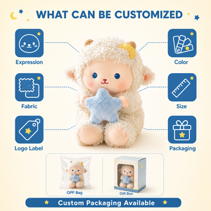 Pecora di peluche con toppa stella e luna, morbido agnello imbottito color crema, regalo - Product Image 2