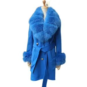 2024 ใหม่แฟชั่นเสื้อขนสัตว์จริงฤดูหนาวผู้หญิงธรรมชาติFox Fur COLLAR 2 ชั้นข้อมือแคชเมียร์ผสมขนสัตว์WARM Outerwear