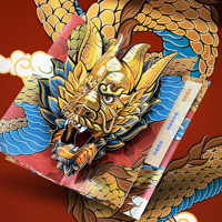 Sobre Rojo del Año del Dragón en 3D con Ilustraciones Detalladas, Diseño Multicapa con Forma de Concha que se Despliega Automáticamente, para Compras, Diseño Lunar Auspicioso