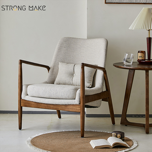 Meubles de salon chaise d'appoint en bois design à dossier haut chaise longue moderne du milieu du siècle avec pouf - Product Image 1