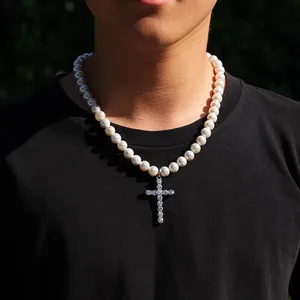Hip Hop Retro Fashion Jewelry Imitation Pearl Geometry Cross Necklace