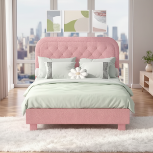 <span class=keywords><strong>Letto</strong></span> <span class=keywords><strong>Matrimoniale</strong></span> Moderno con Testiera <span class=keywords><strong>Imbottita</strong></span> Effetto Nuvola, Rivestimento in Tessuto Bouclé Rosa, Piattaforma Queen Size - Product Image 1