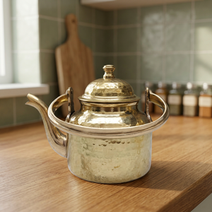 กาต้มน้ำชาทองเหลืองโบราณพร้อมฝาปิดและที่จับหม้อโลหะออกแบบสไตล์ - Product Image 5