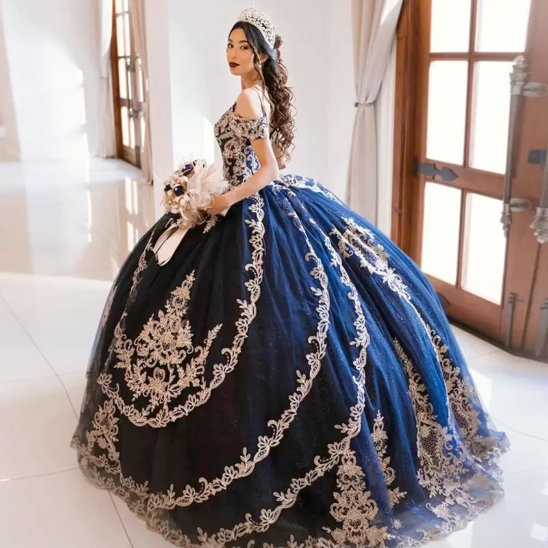 navy blue sweet 16 dress Glam Navy Blue Sweet 16 Formal Gown with Lace, Blue Prom Dress Party D main image 1