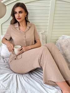 Pigiama in cotone con colletto dentato estivo personalizzato pigiama da donna a manica corta in bambù set da donna - Product Image 5