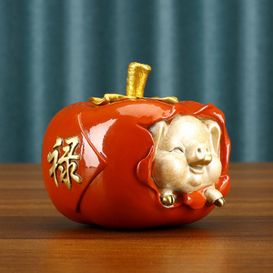 Copper Pig In Persimmon Ornament <b>Desk</b> Decoration Feng Shui Gift For Office Home Birthday - Product Image 1