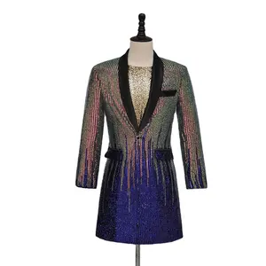 S-6XL Men's long clothes new colorful sequins blazer masculino male singer magician host guest stage costumes
