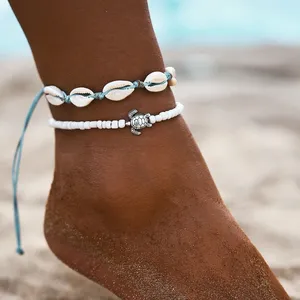 Pulseira de tornozelo feminina, bracelete frisado com ondas de praia, conjunto de tornozeleira boêmia, pulseira e joias para os pés, 2021