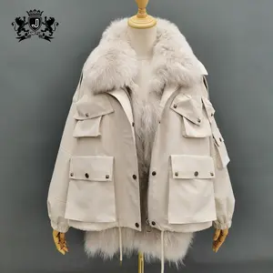 겨울 높은 거리 스타일 여성 짧은 모피 파카 따뜻한 패션 코트 진짜 여우 모피 칼라 폭격기 재킷