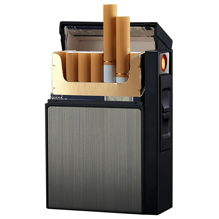 Caja de cigarrillos clásica para hombre, mechero recargable USB sin llama, 20 cargado, negro, plateado y dorado, novedad