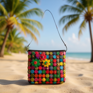 Borsa a tracolla in guscio di cocco 21x18x4 cm Borsa da donna con design a bottoni colorati - Product Image 2