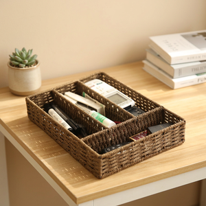 <b>Rectangle</b> Natural Rattan <b>Storage</b> <b>Basket</b> Multifunctional Desk Organizer for Sundries Nordic Style Eco-Friendly Design - Product Image 1