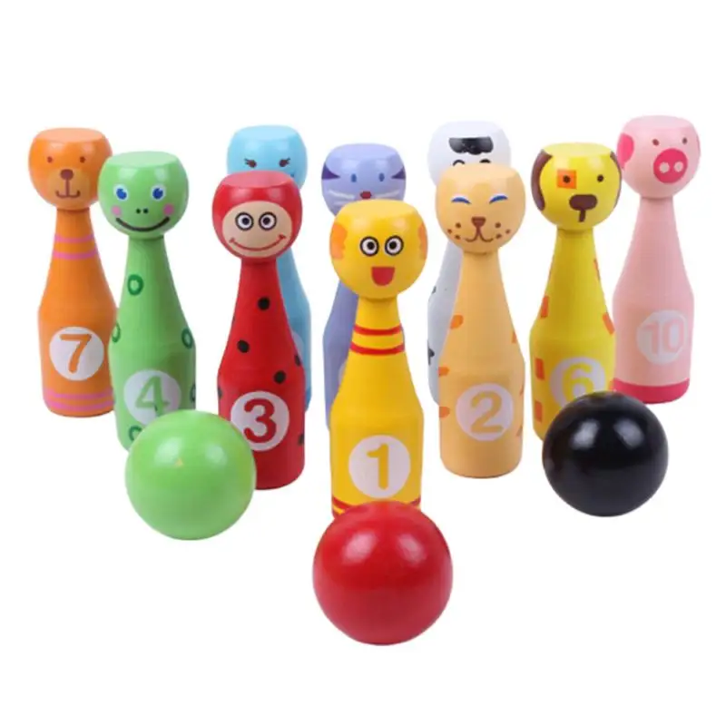 Wooden Baby Toys Wooden Bowling Set 10 Pins 3 Ball Animal Bowling Game for Children