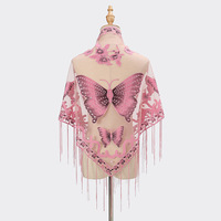 Écharpe longue légère d'été en polyester pour femme Nidu 2025, avec pompons, broderie papillon, motif triangulaire, couleur unie et dentelle ajourée