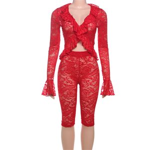 ZHEZHE Damen Elegantes 2-teiliges Set Langarm-Hemd mit Spitzen besatz und dünner halber Hose Modische Street Wear - Product Image 4