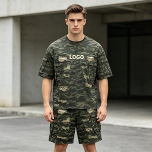 Conjuntos de camuflaje para hombre, conjuntos oversize casuales y holgados, ropa de trabajo, 100% algodón, ecológicos, camiseta y pantalones cortos para hombre - Product Image 2