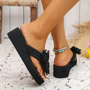<span class=keywords><strong>Chic</strong></span> Bowknot Wedge Tongs pour femmes antidérapantes, diapositives de plage et de vacances prêtes pour l'été - Product Image 1