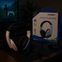 سماعات رأس دوب فوق الأذن مع ميكروفون لأجهزة PS5/XB/NS/PC للألعاب، مقبس 3.5 ملم، أبيض وأسود، سلك 1.8 متر، مشغل ديناميكي، بلاستيكية، بدون إلغاء الضوضاء