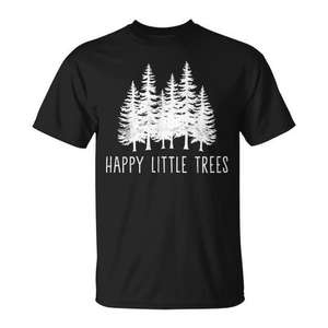 Camiseta Happy Little Trees con Diseño Bosque Negro, Corte Clásico, Unisex, Cuello Redondo, Manga Corta, Promocional para Adultos - Product Image 1