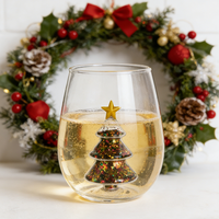 Verre à vin sans pied de 380 ml avec paillettes, résistant à la chaleur, en verre borosilicate de haute qualité, thème de Noël, recyclable et écologique