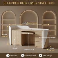 Comptoir de réception LED en bois ondulé de luxe léger avec incrustations, idéal pour salon de beauté, bureau, boutique de vêtements, spa