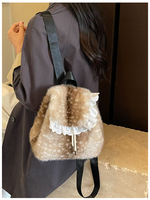 Sac à dos d'hiver pour femme, décontracté, en fausse fourrure, avec rabat, patchwork, imprimé cerf, doux, bordure en dentelle, cordon de serrage, pour ordinateur portable, idéal pour le sport et les voyages