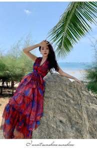 Robe trapèze imprimée sans manches à col en V Robe maxi d'été simple à taille haute pour dames Robes élégantes Vêtements pour femmes Vente en gros - Product Image 6