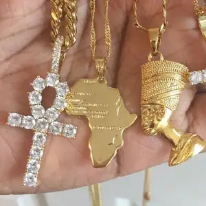 africain colliers mens Suppliers-Pendentif tête de pharaon égyptien, bijoux pour Costume, plaque en or, collier à thème de fatma, lot de 10 pièces, 2020