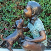 Usine coulée métal laiton enfants et chien Sculpture grandeur nature Bronze Statue pour la décoration de jardin