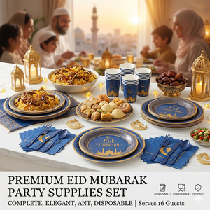 Ensemble de vaisselle de fête du Ramadan de haute qualité et résistant - 117 pièces, assiettes et couverts jetables dorés Eid Mubarak, ensemble de célébration - Product Image 4