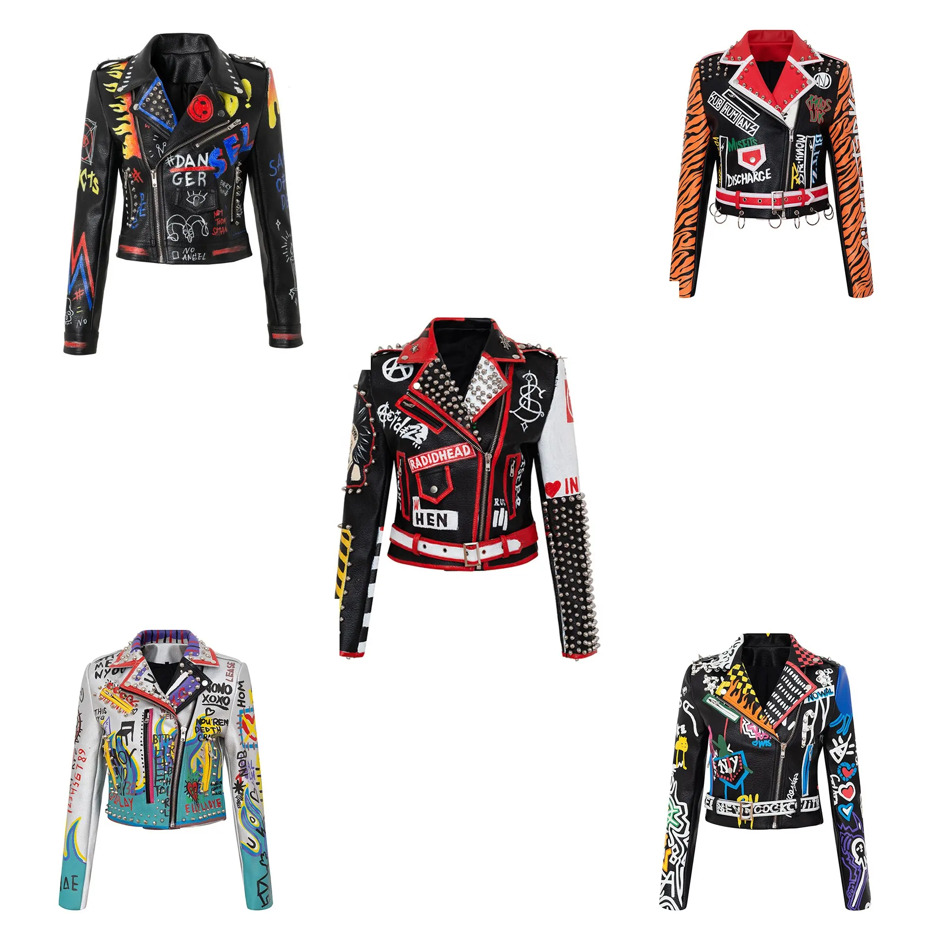 Tendencia Cool Delgado Streetwear chaqueta pinchos de bloque de Color de Rock remaches estampado Graffiti Punk mujeres abrigo chaqueta de cuero moto