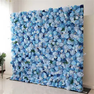 SZ boda restaurante tienda centro comercial decoración 3D Roll Up tela imitación flor pared azul seda Artificial Rosa flor pared Panel telón de fondo