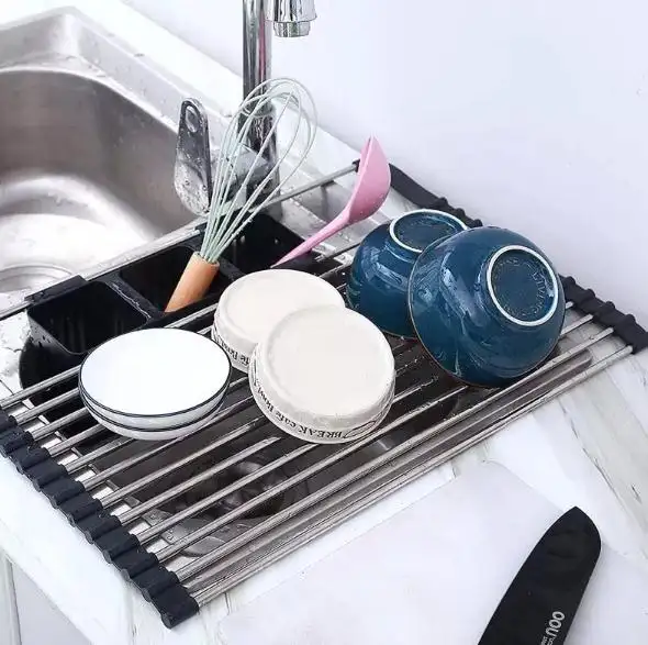 多機能キッチンシンク収納ラック拡張ロールアップ皿乾燥水切りラック